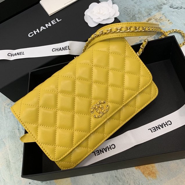 2020 CC original lambskin wallet on chain AP0724 yellow