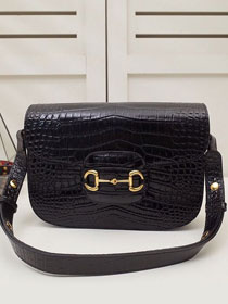 2020 GG original crocodile calfskin 1955 horsebit shoulder bag 602204 black