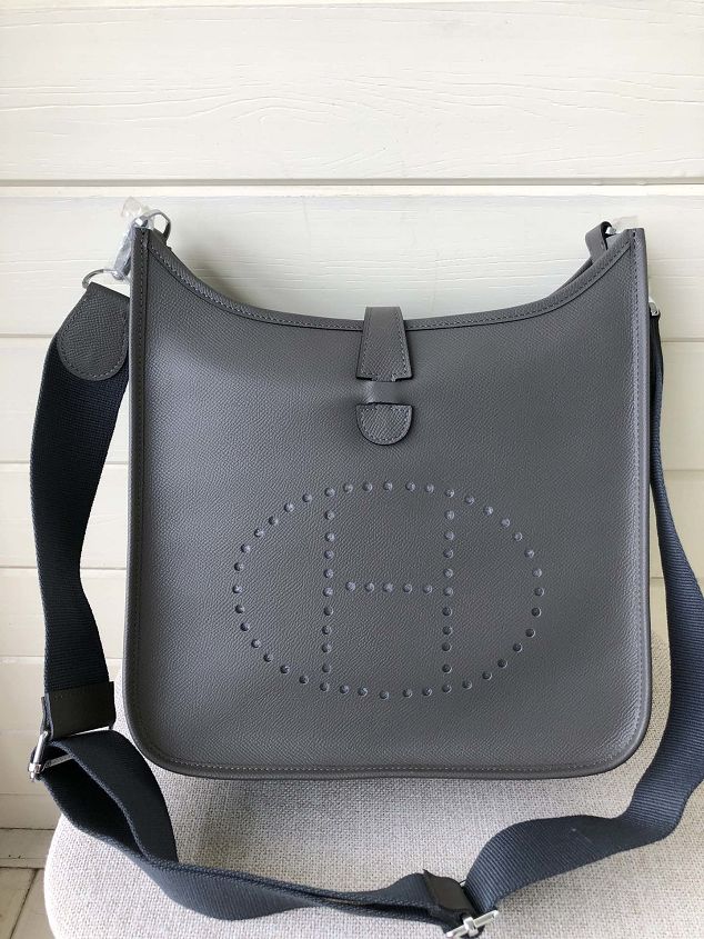 Hermes original epsom leather evelyne pm shoulder bag E28-2 iron grey
