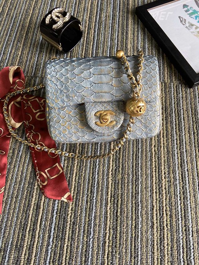 CC original python leather small flap bag AS1786 light blue