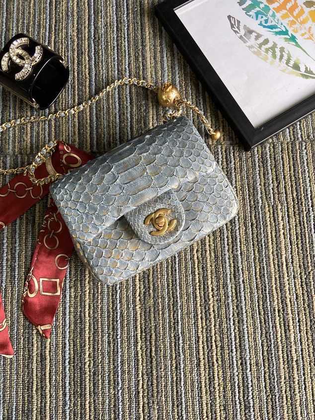 CC original python leather small flap bag AS1786 light blue