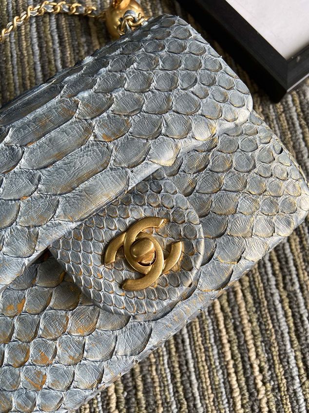 CC original python leather small flap bag AS1786 light blue