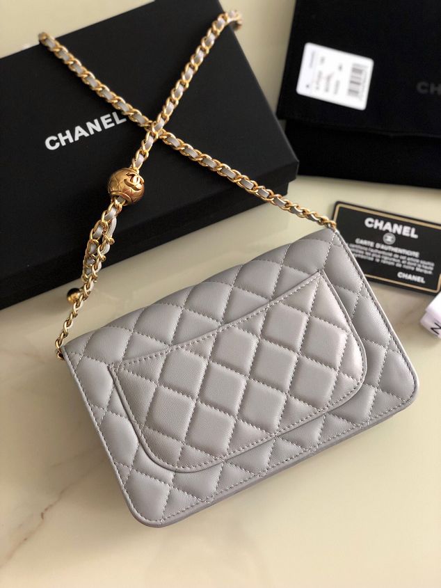 2020 CC original lambskin wallet on chain AP1450 grey