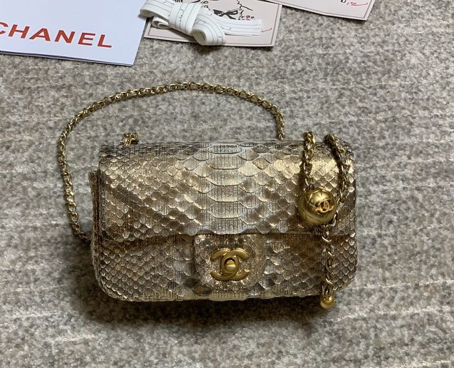 CC original python leather flap bag AS1787 gold