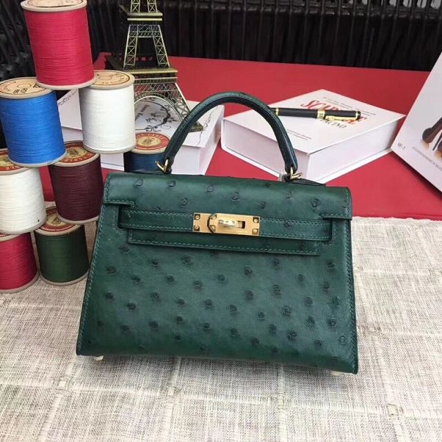 Hermes handmade genuine 100% ostrich leather kelly 19 bag K019 green