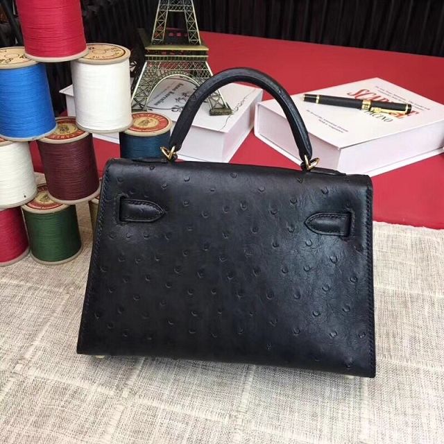 Hermes handmade genuine 100% ostrich leather kelly 19 bag K019 black