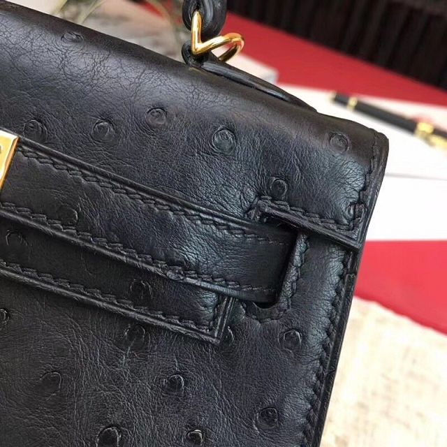 Hermes handmade genuine 100% ostrich leather kelly 19 bag K019 black