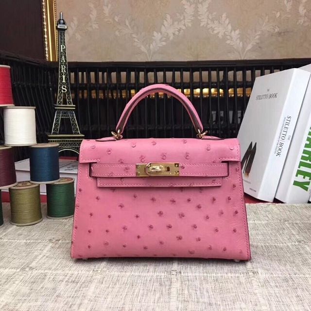 Hermes handmade genuine 100% ostrich leather kelly 19 bag K019 pink