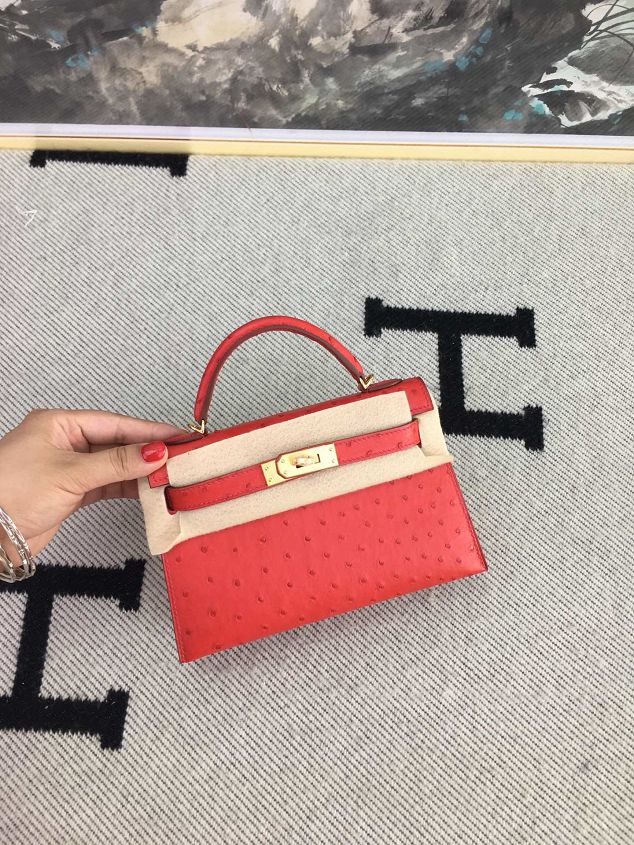 Hermes handmade genuine 100% ostrich leather kelly 19 bag K019 red