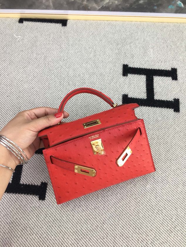 Hermes handmade genuine 100% ostrich leather kelly 19 bag K019 red