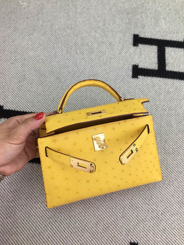 Hermes handmade genuine 100% ostrich leather kelly 19 bag K019 yellow