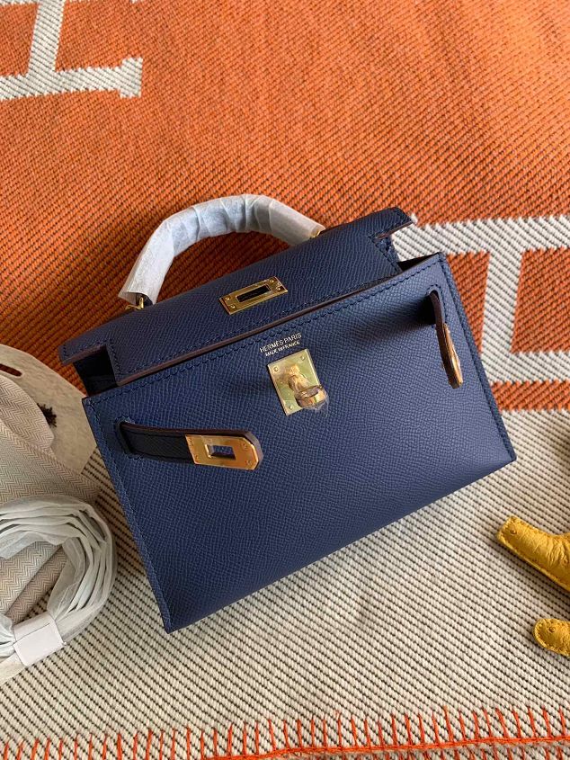 Hermes original epsom leather mini kelly 19 bag K0019 navy blue
