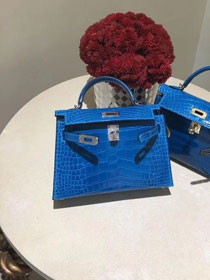 Top hermes 100% genuine crocodile leather mini kelly bag K0019 blue