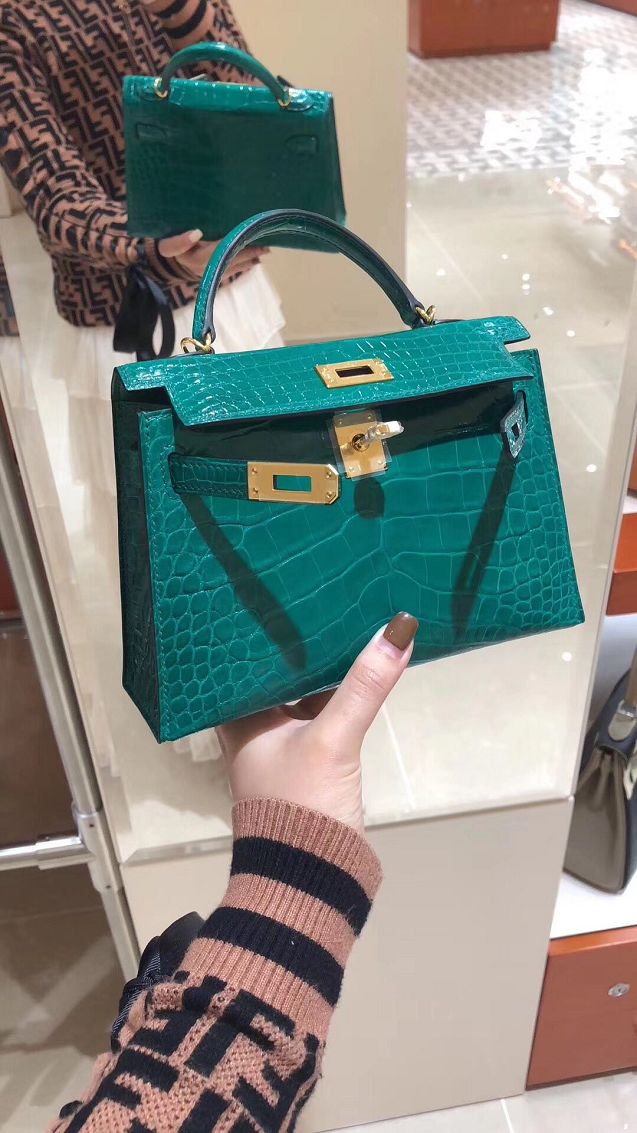 Top hermes 100% genuine crocodile leather mini kelly bag K0019 emerald