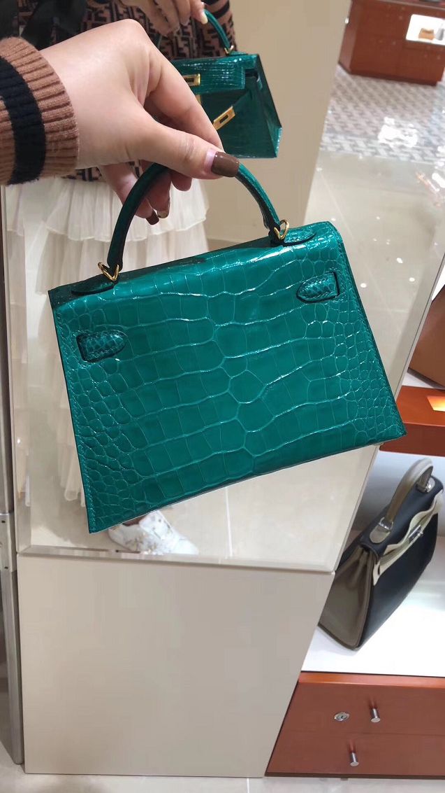 Top hermes 100% genuine crocodile leather mini kelly bag K0019 emerald