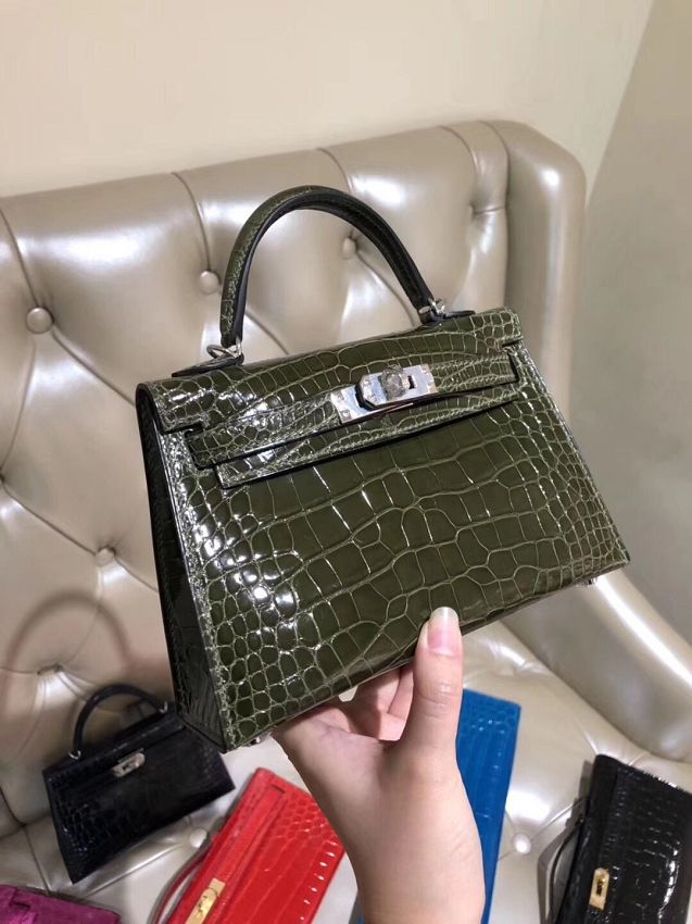 Top hermes 100% genuine crocodile leather mini kelly bag K0019 khaki