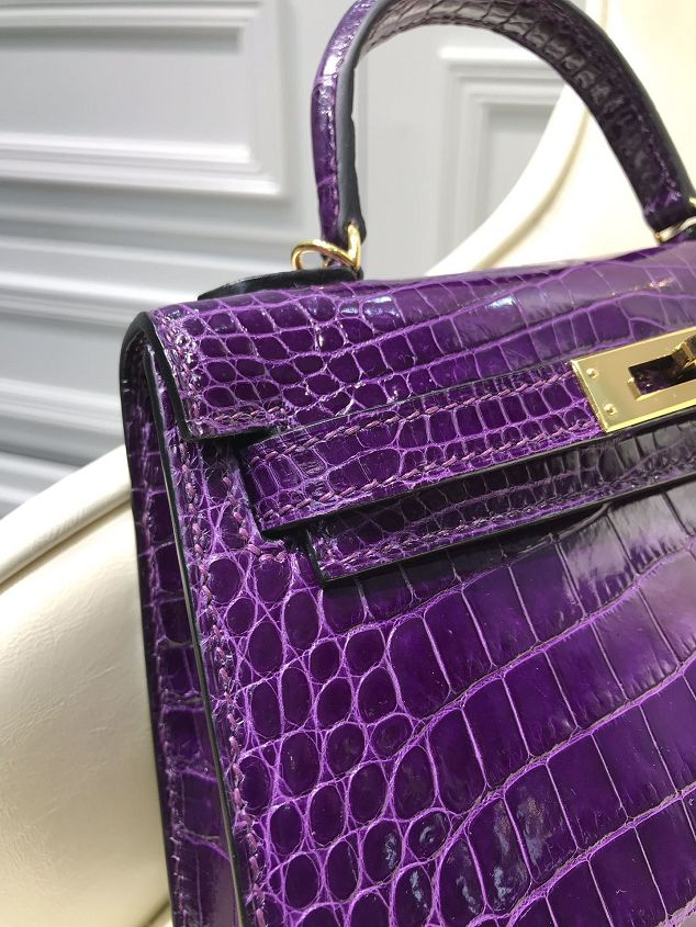 Top hermes 100% genuine crocodile leather mini kelly bag K0019 purple