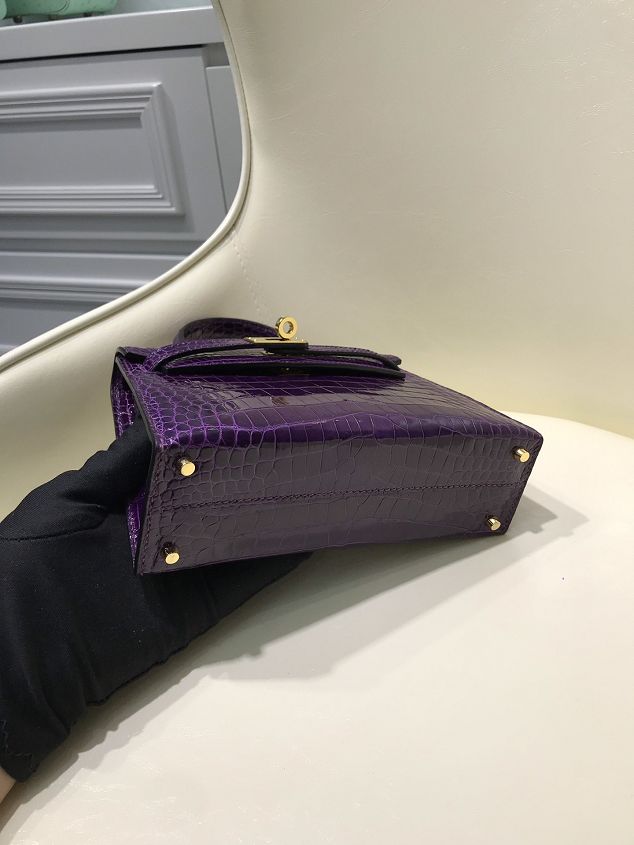 Top hermes 100% genuine crocodile leather mini kelly bag K0019 purple