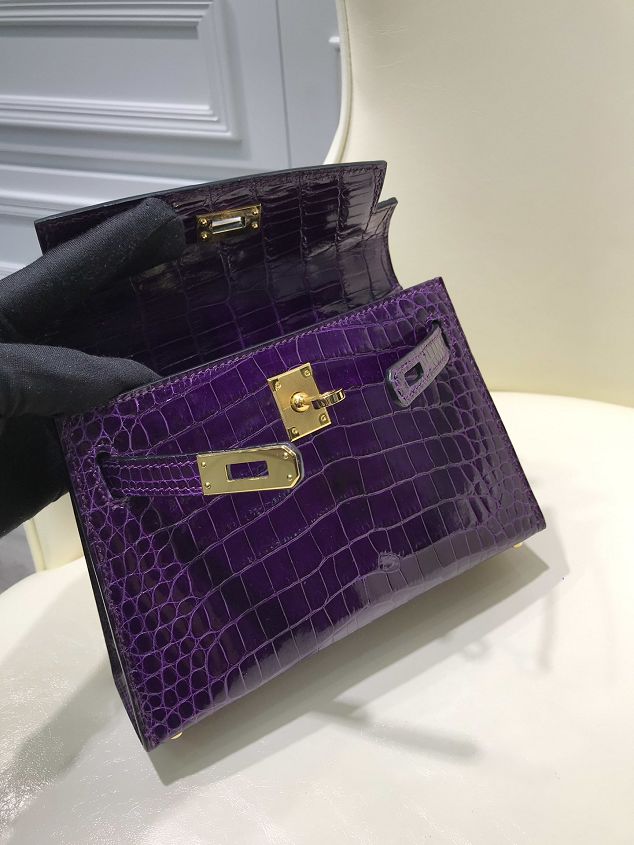 Top hermes 100% genuine crocodile leather mini kelly bag K0019 purple