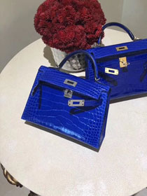 Top hermes 100% genuine crocodile leather mini kelly bag K0019 royal blue