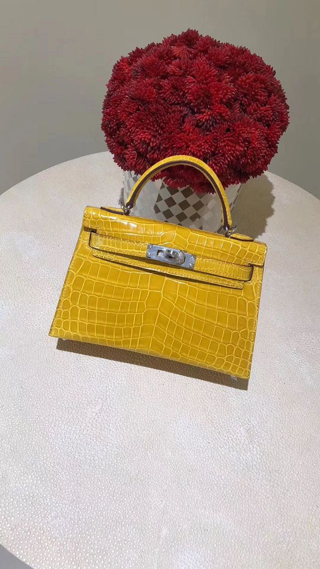 Top hermes 100% genuine crocodile leather mini kelly bag K0019 yellow