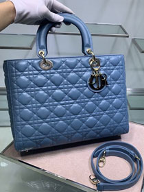 Dior original lambskin large Lady dior bag black M0566 blue