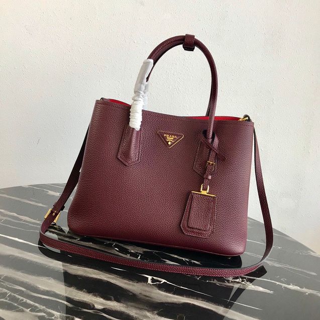 Prada original grained calfskin medium double bag 1BG2775 bordeaux