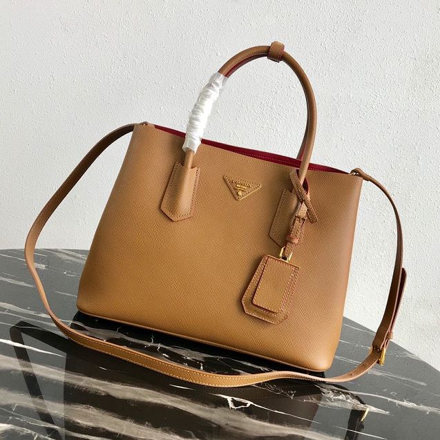 Prada original saffiano leather medium double bag 1BG2775 caramel