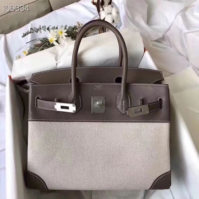 Hermes handmade original calfskin&canvas birkin bag BK00035 dark grey