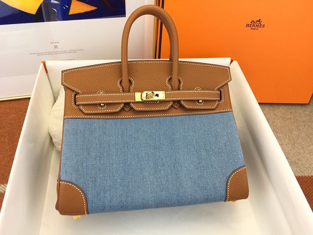 Hermes handmade original calfskin&canvas birkin bag BK00037 blue&brown