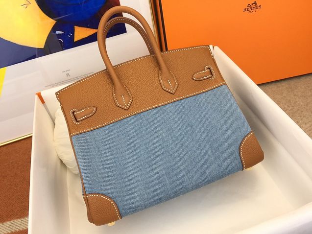 Hermes handmade original calfskin&canvas birkin bag BK00037 blue&brown