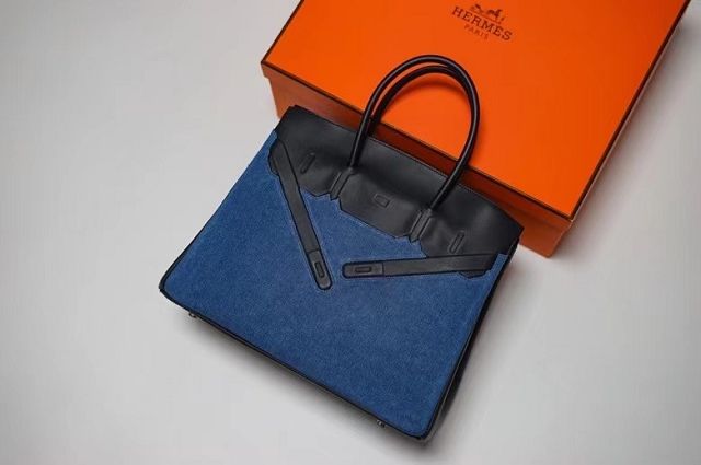 Hermes handmade original canvas&calfskin shadow birkin bag BK0037 blue&black
