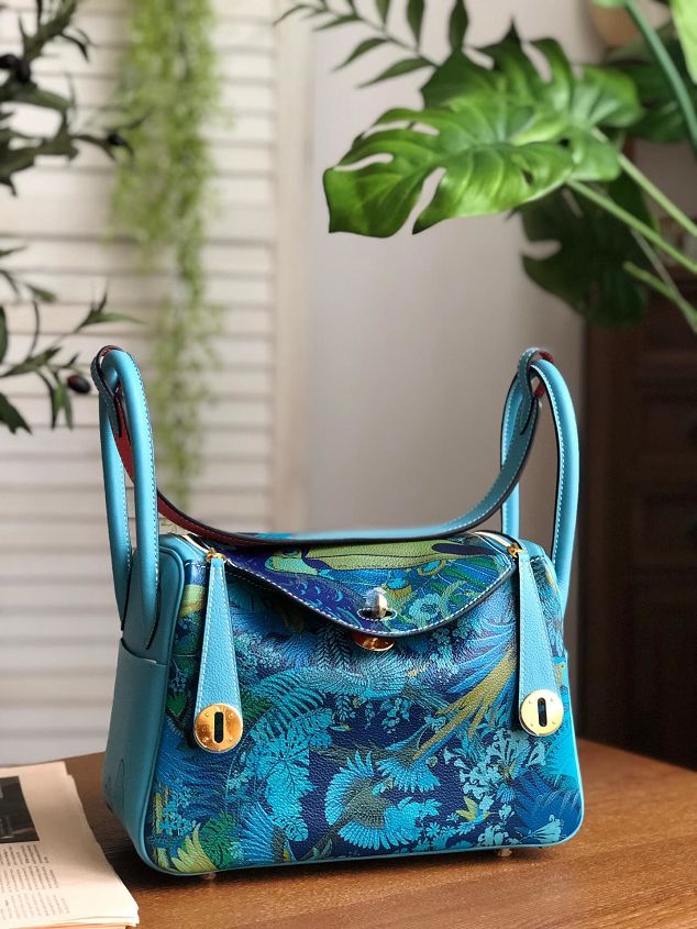 Hermes handmade original print calfskin lindy bag L00034 blue