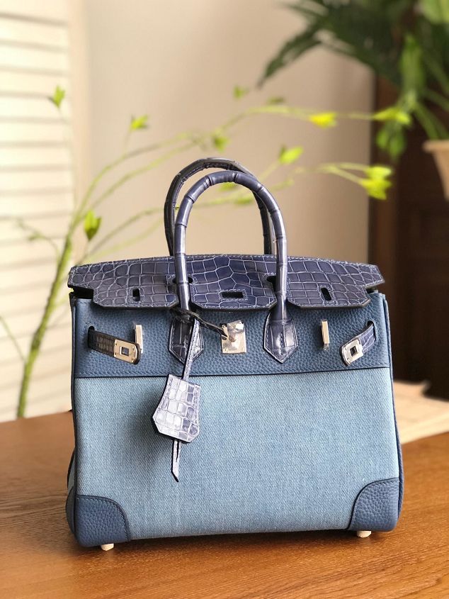 Hermes handmade original crocodile leather&canvas birkin 35 bag H3500 light blue