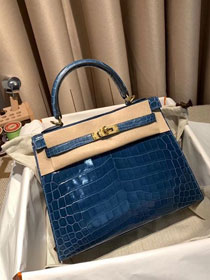 Top hermes genuine 100% crocodile leather handmade kelly 32 bag K320 blue