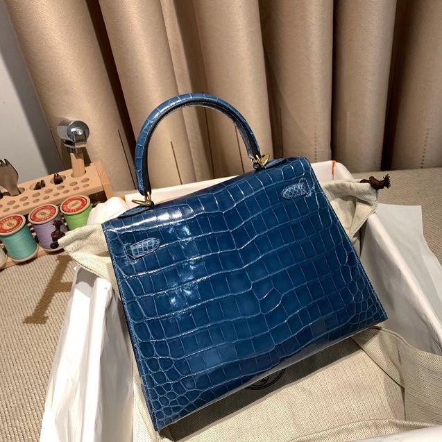 Top hermes genuine 100% crocodile leather handmade kelly 32 bag K320 blue