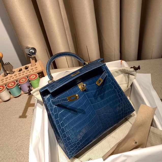 Top hermes genuine 100% crocodile leather handmade kelly 32 bag K320 blue