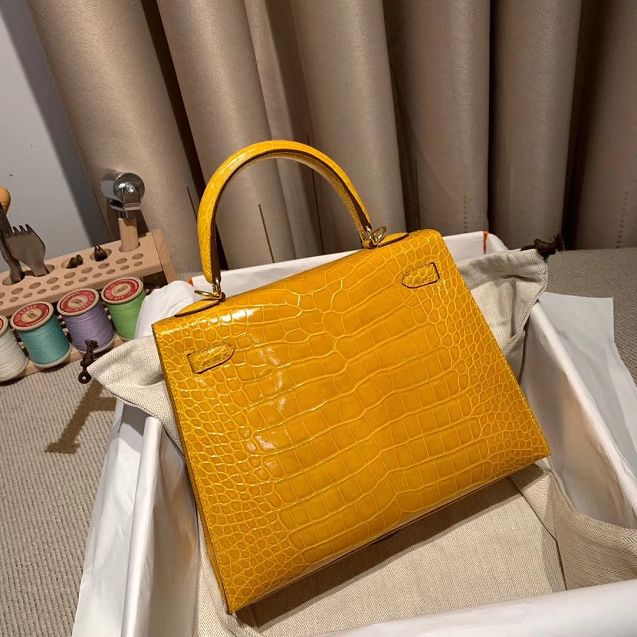 Top hermes genuine 100% crocodile leather handmade kelly 32 bag K320 yellow