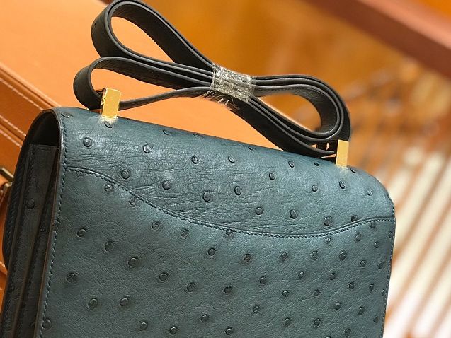 Top hermes genuine 100% ostrich leather handmade constance bag C0023 blackish green
