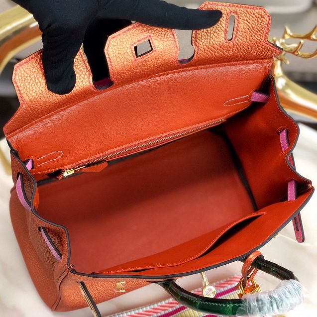 Hermes handmade original crocodile leather&calfskin birkin bag BK0035 orange&pink