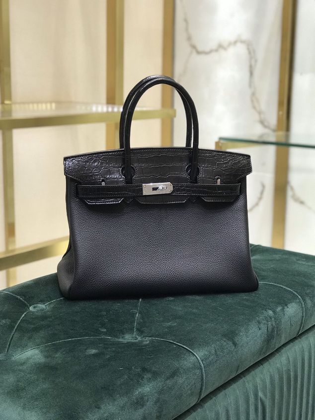 Hermes handmade original crocodile leather&calfskin birkin bag BK0035 black