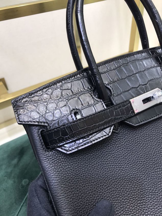Hermes handmade original crocodile leather&calfskin birkin bag BK0035 black