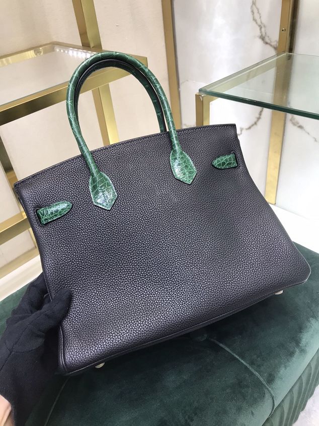 Hermes handmade original crocodile leather&calfskin birkin bag BK0035 black&green