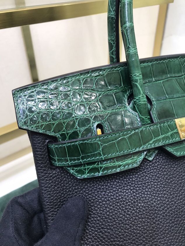 Hermes handmade original crocodile leather&calfskin birkin bag BK0035 black&green