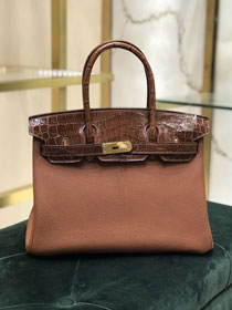 Hermes handmade original crocodile leather&calfskin birkin bag BK0035 caramel