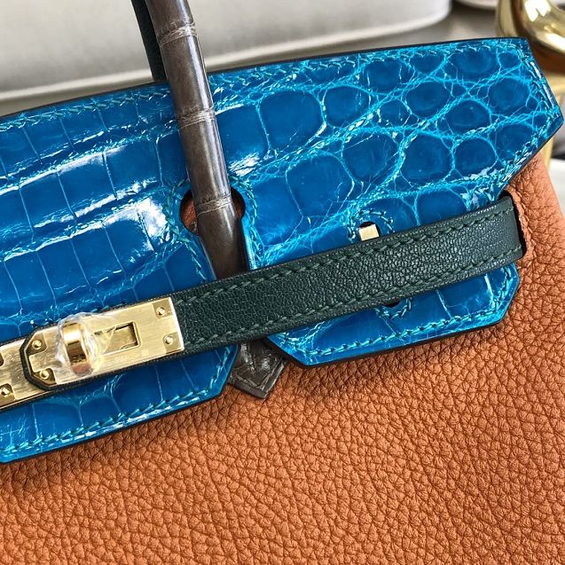 Hermes handmade original crocodile leather&calfskin birkin bag BK0035 caramel&blue