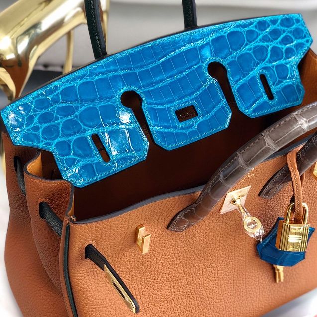 Hermes handmade original crocodile leather&calfskin birkin bag BK0035 caramel&blue