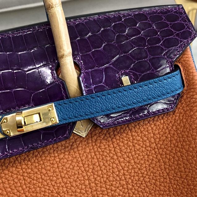 Hermes handmade original crocodile leather&calfskin birkin bag BK0035 caramel&purple