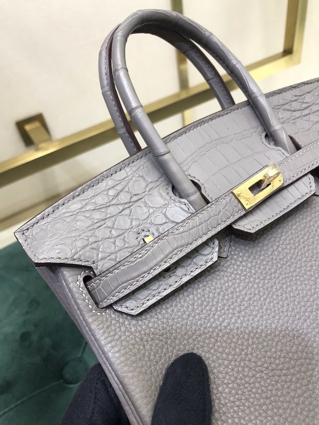 Hermes handmade original crocodile leather&calfskin birkin bag BK0035 grey