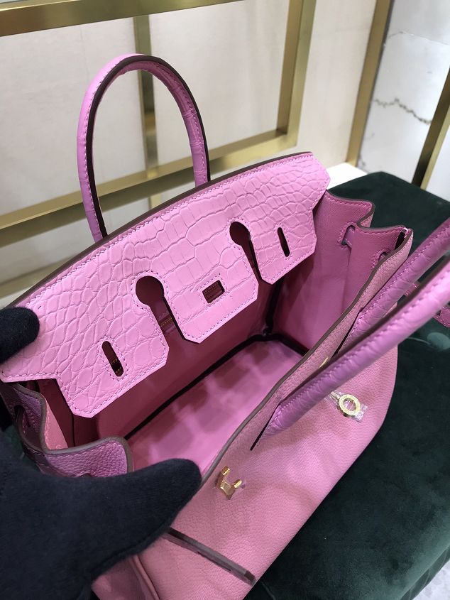 Hermes handmade original crocodile leather&calfskin birkin bag BK0035 pink